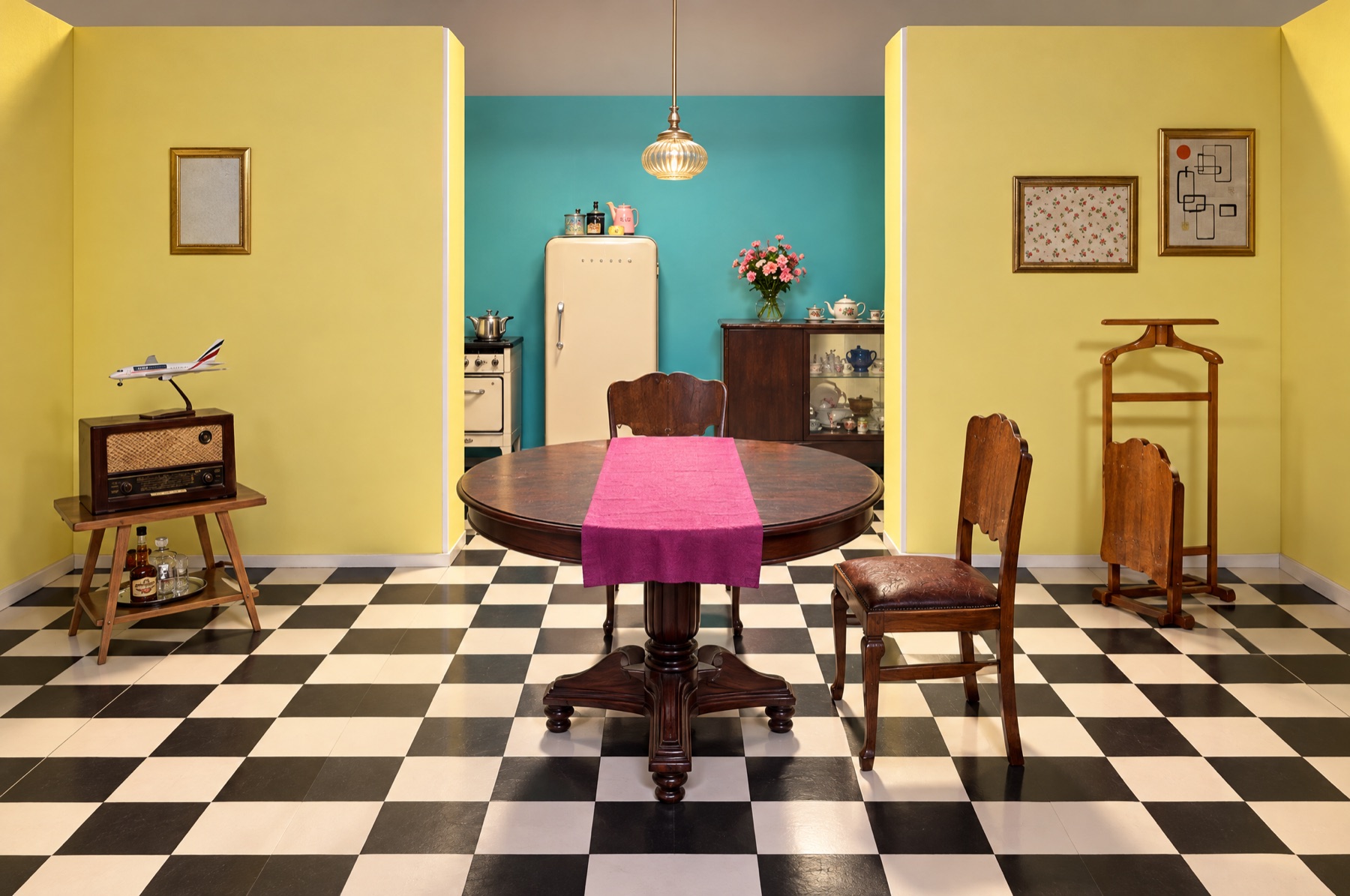 A retro kitchen with a checkerboard floor