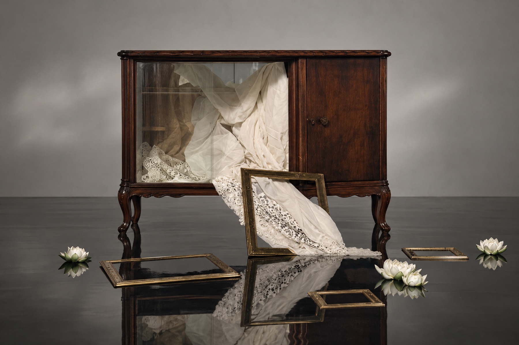 Antiques and frames on a black mirror floor