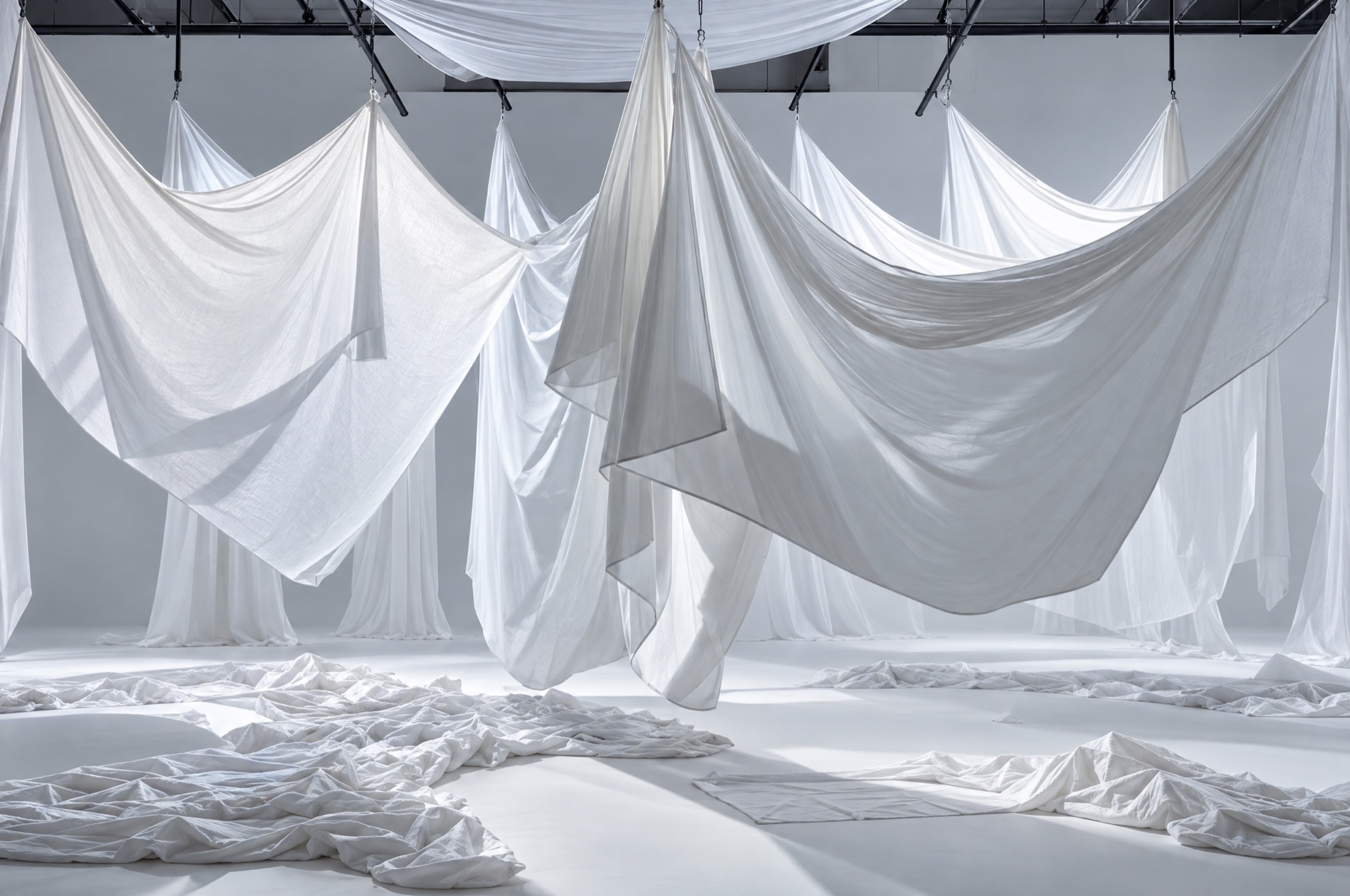 A set of hanging white fabrics