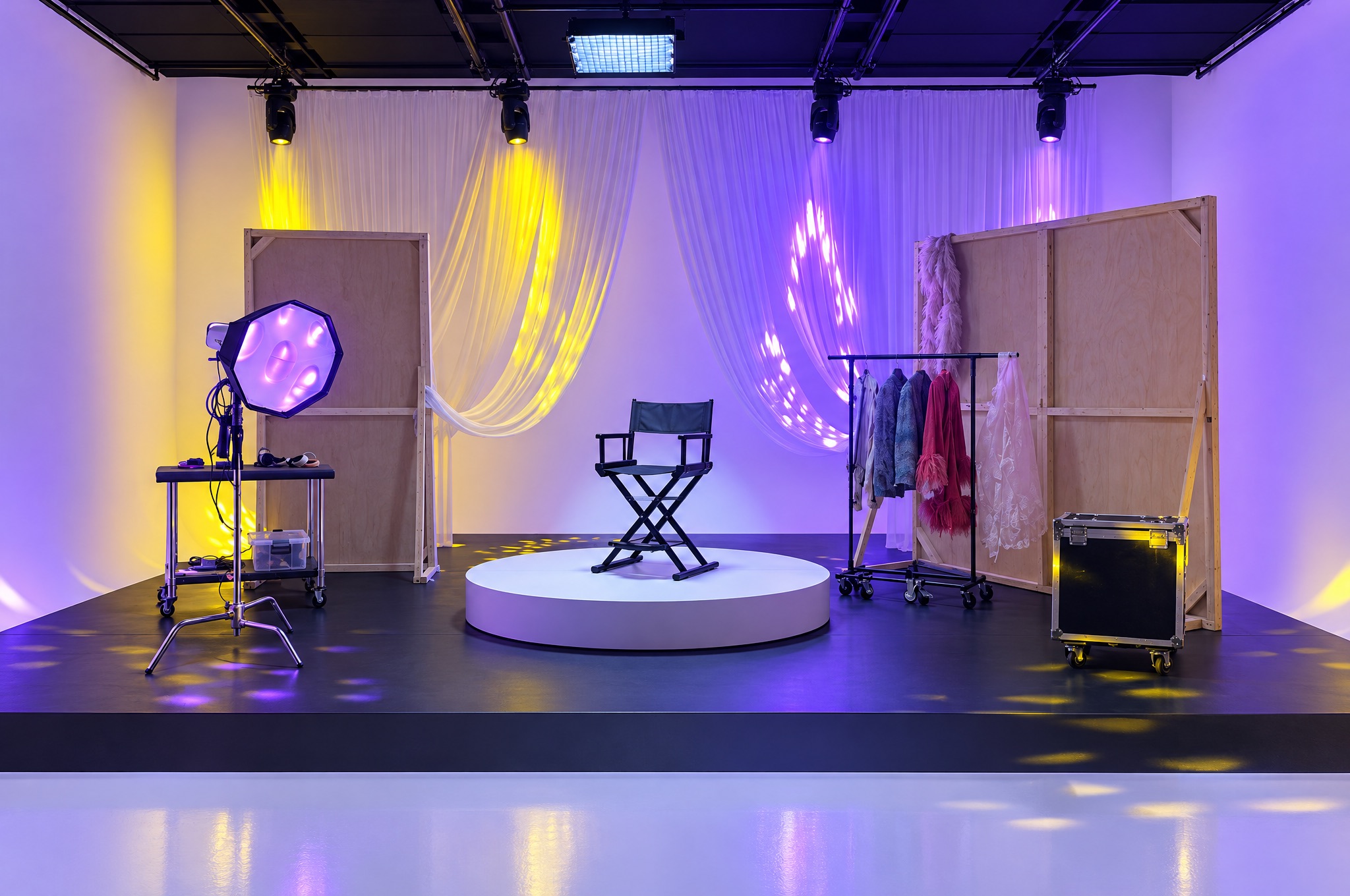 A set with drapes and moving lights
