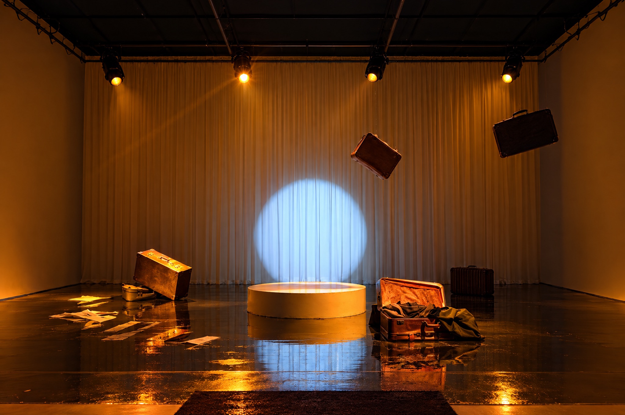A set with a spotlight, water and floating suitcases