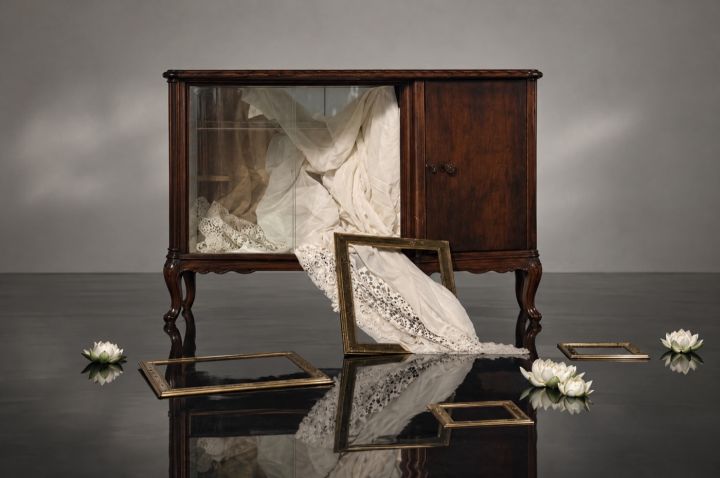 Antiques on a black mirror floor set